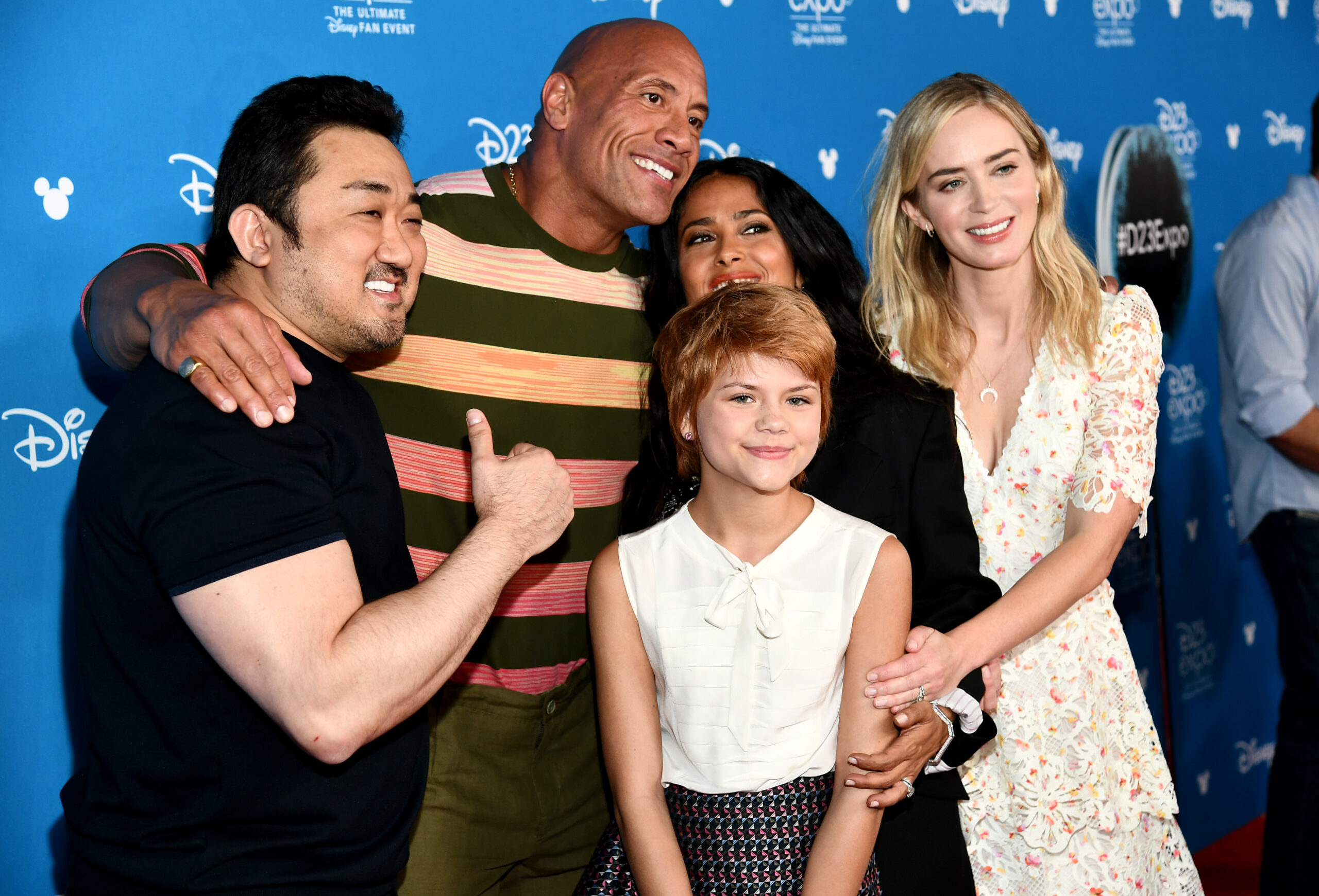 Don Lee, Dwayne Johnson, Lia McHugh, Salma Hayek, and Emily Blunt at the D23 Expo in Anaheim, on August 24, 2019 | Source: Getty Images
